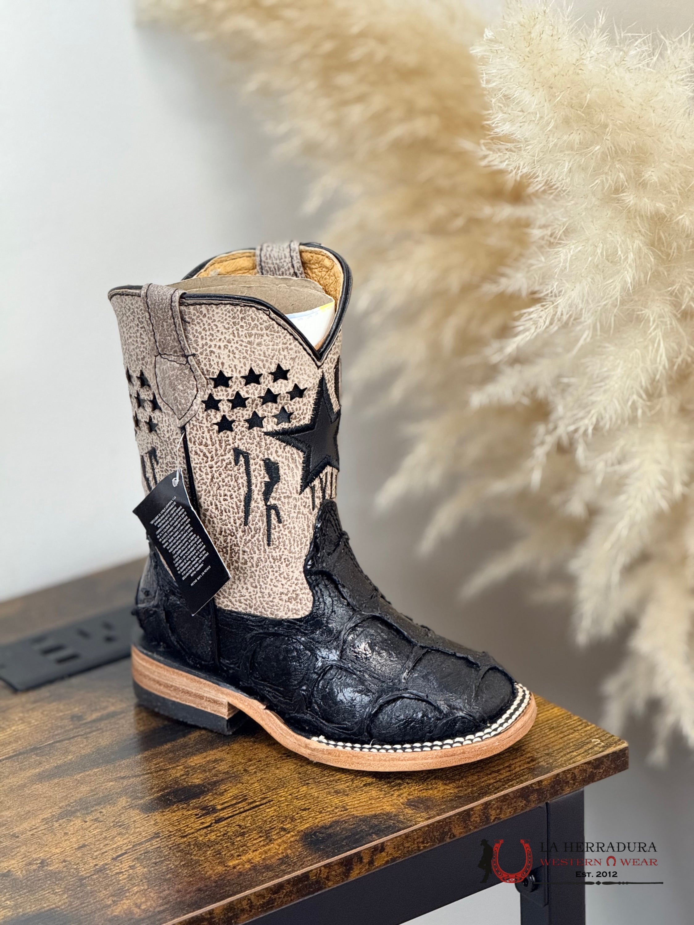 ROCKEM KIDS IMIT TEXAS PIRARUCU BLACK SQ. TOE NIÑOS