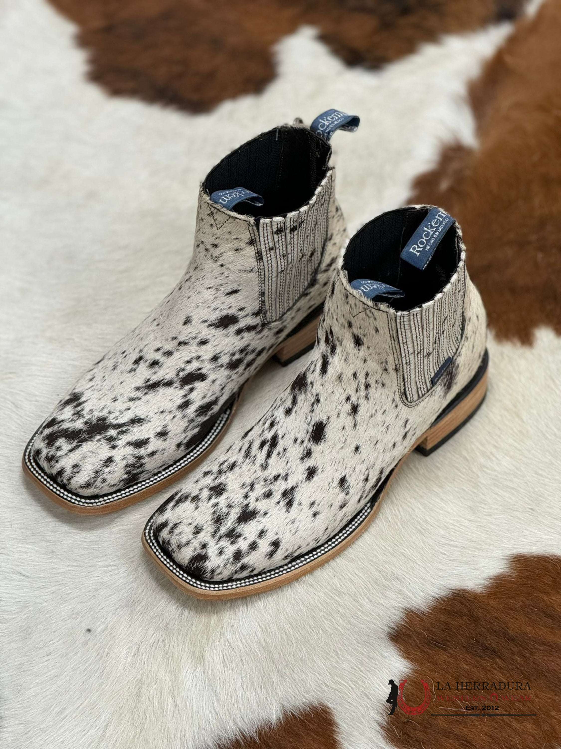 ROCK'EM MENS COWHIDE BLACK AND WHITE SHORT BOOT SQ. TOE (EACH PAIR IS