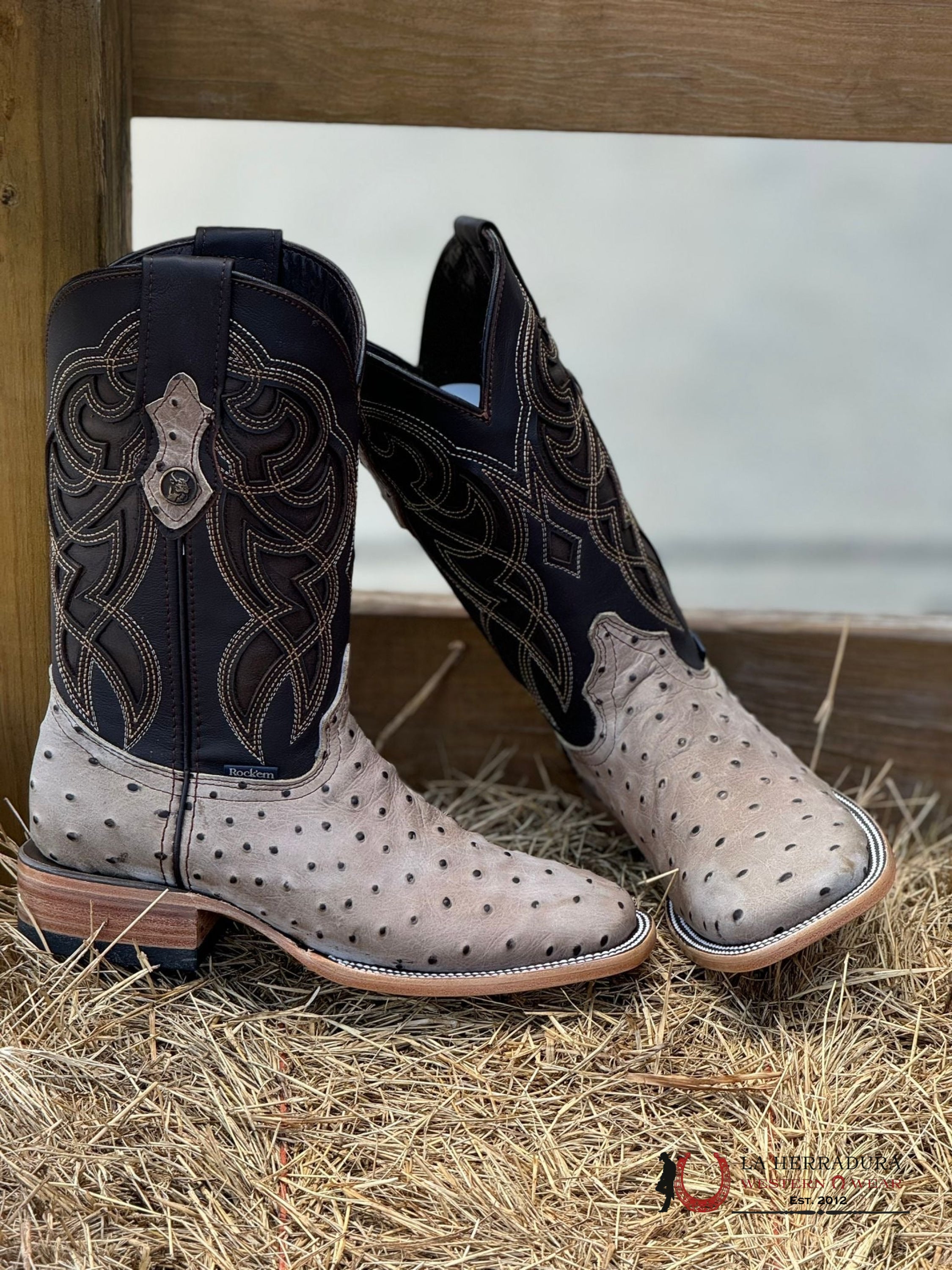 Mens Imit Ostrich Ranch Hueso Boot Botas Hombres