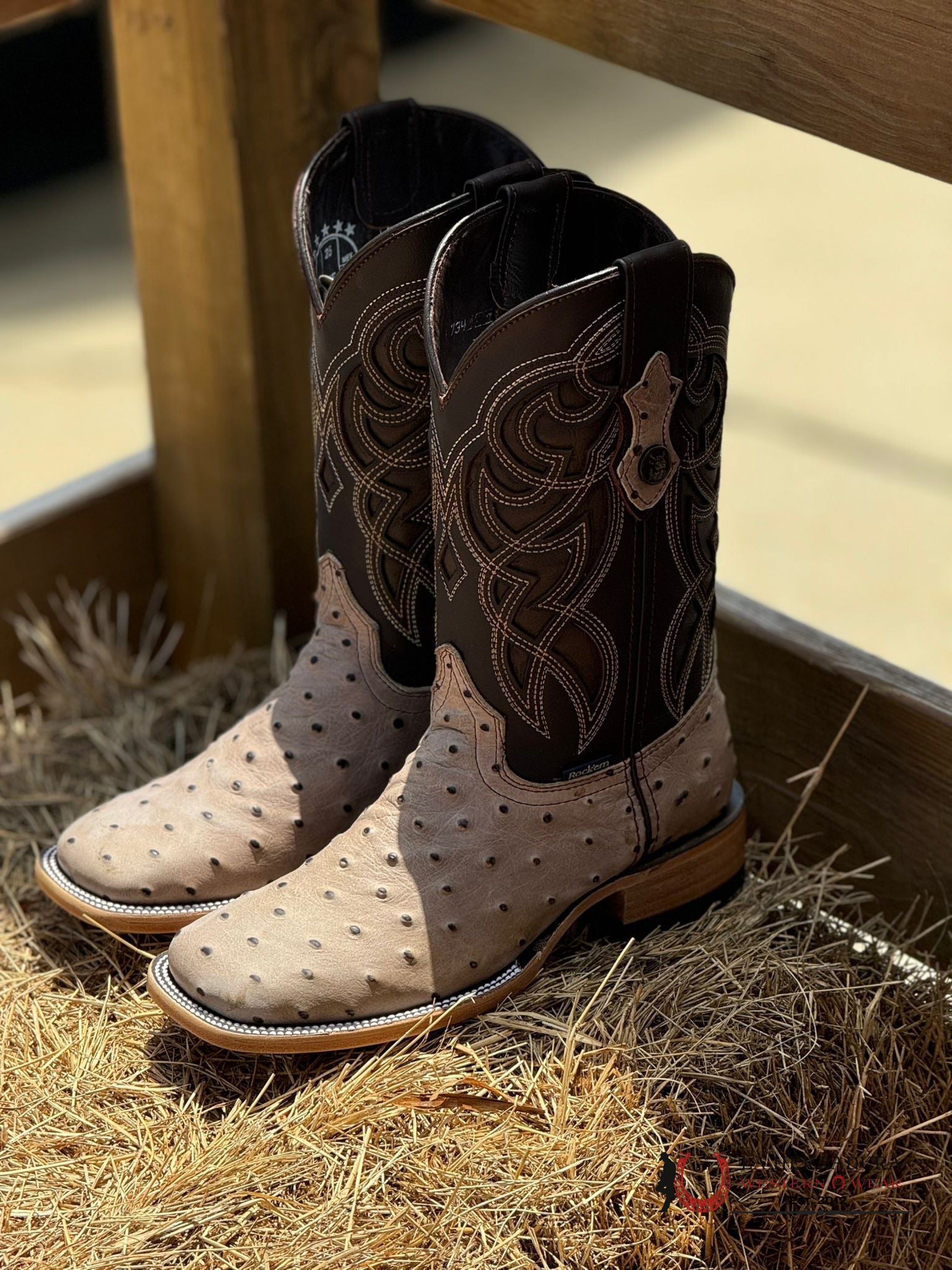 Mens Imit Ostrich Ranch Hueso Boot Botas Hombres