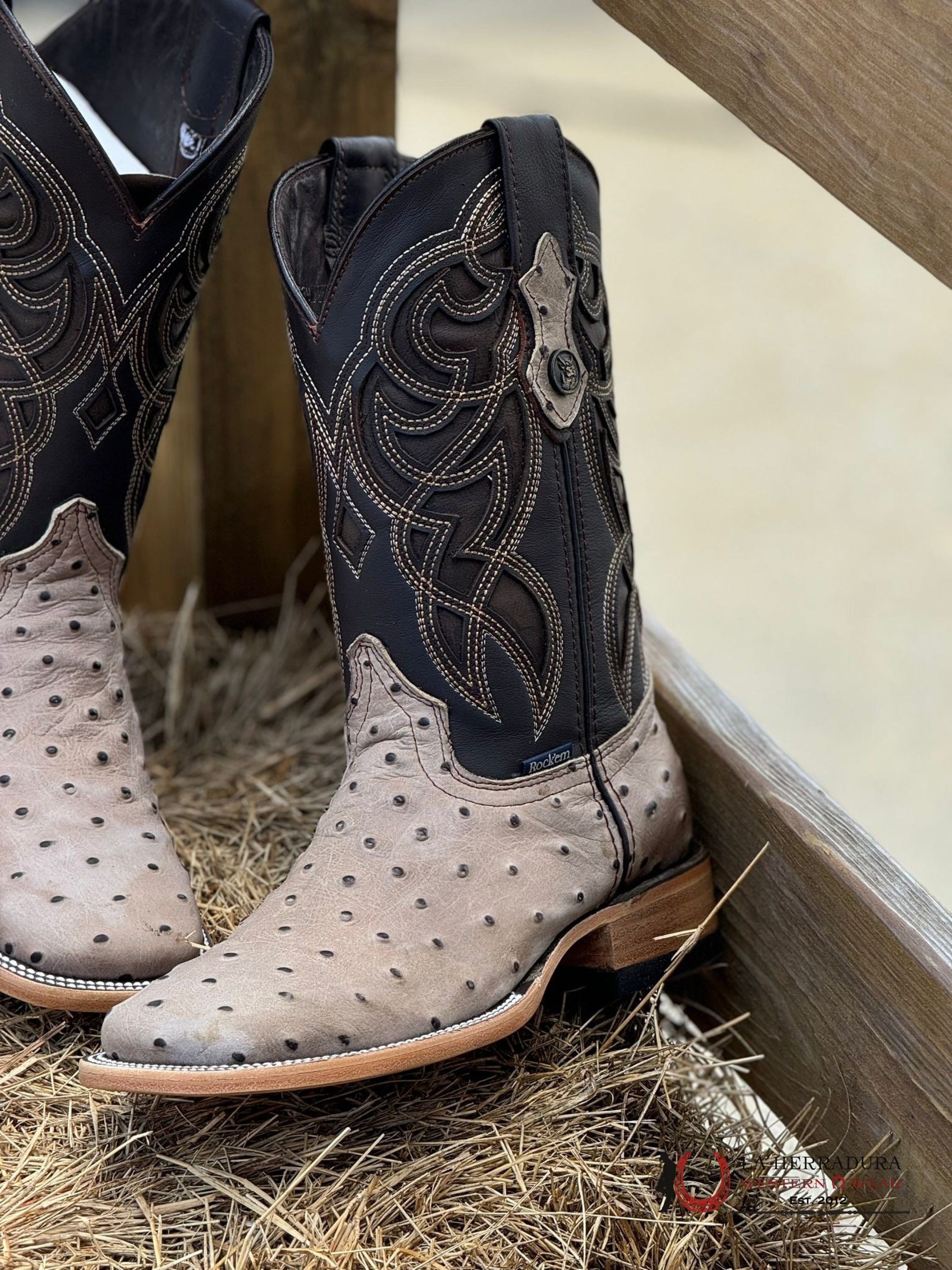 Mens Imit Ostrich Ranch Hueso Boot Botas Hombres