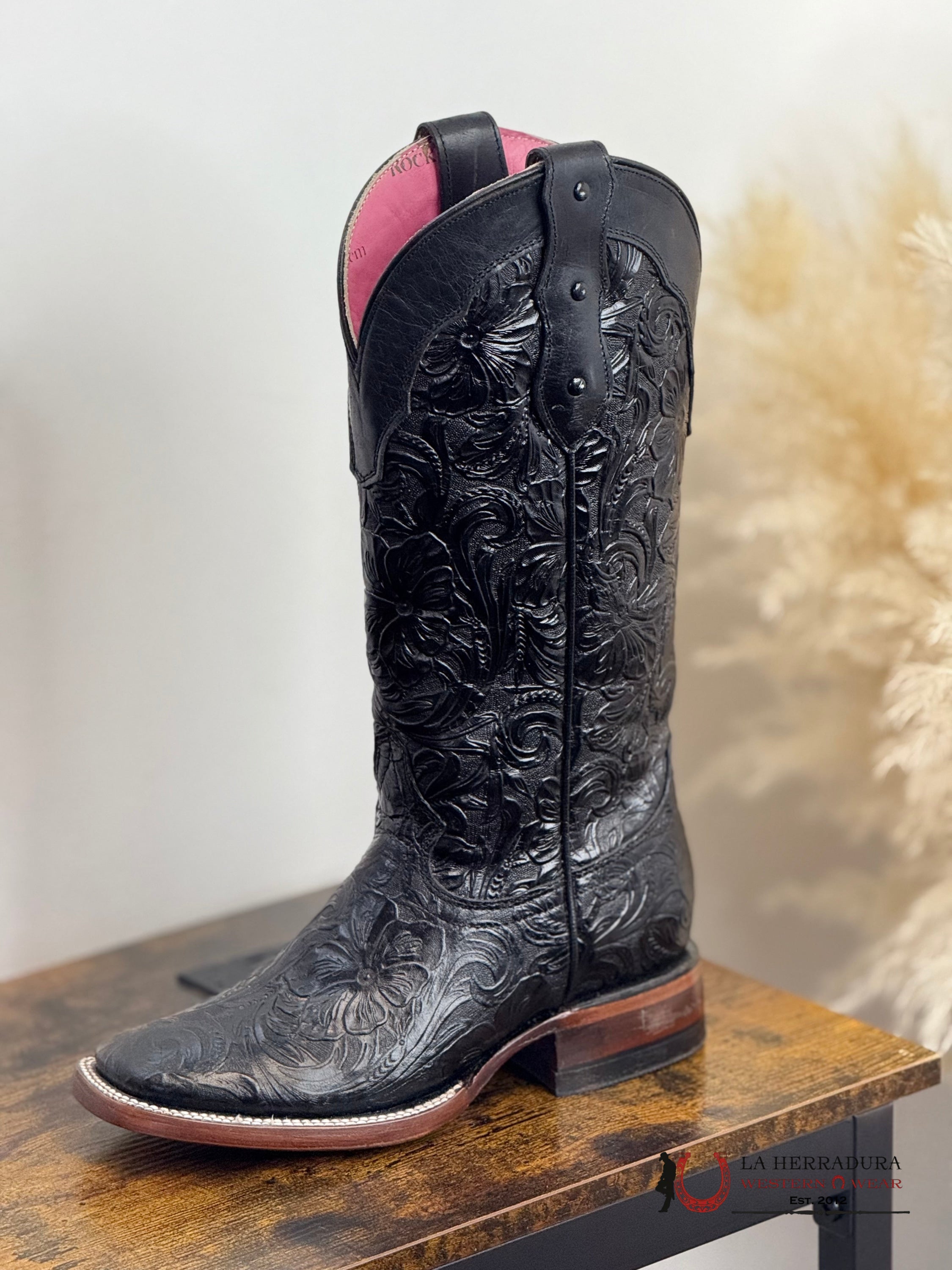ROCKEM MILA FLOR DE LUZ HAND TOOLED BLACK BROWN BOTTOM SQUARE TOE PINK TUBE BOTAS MUJERES