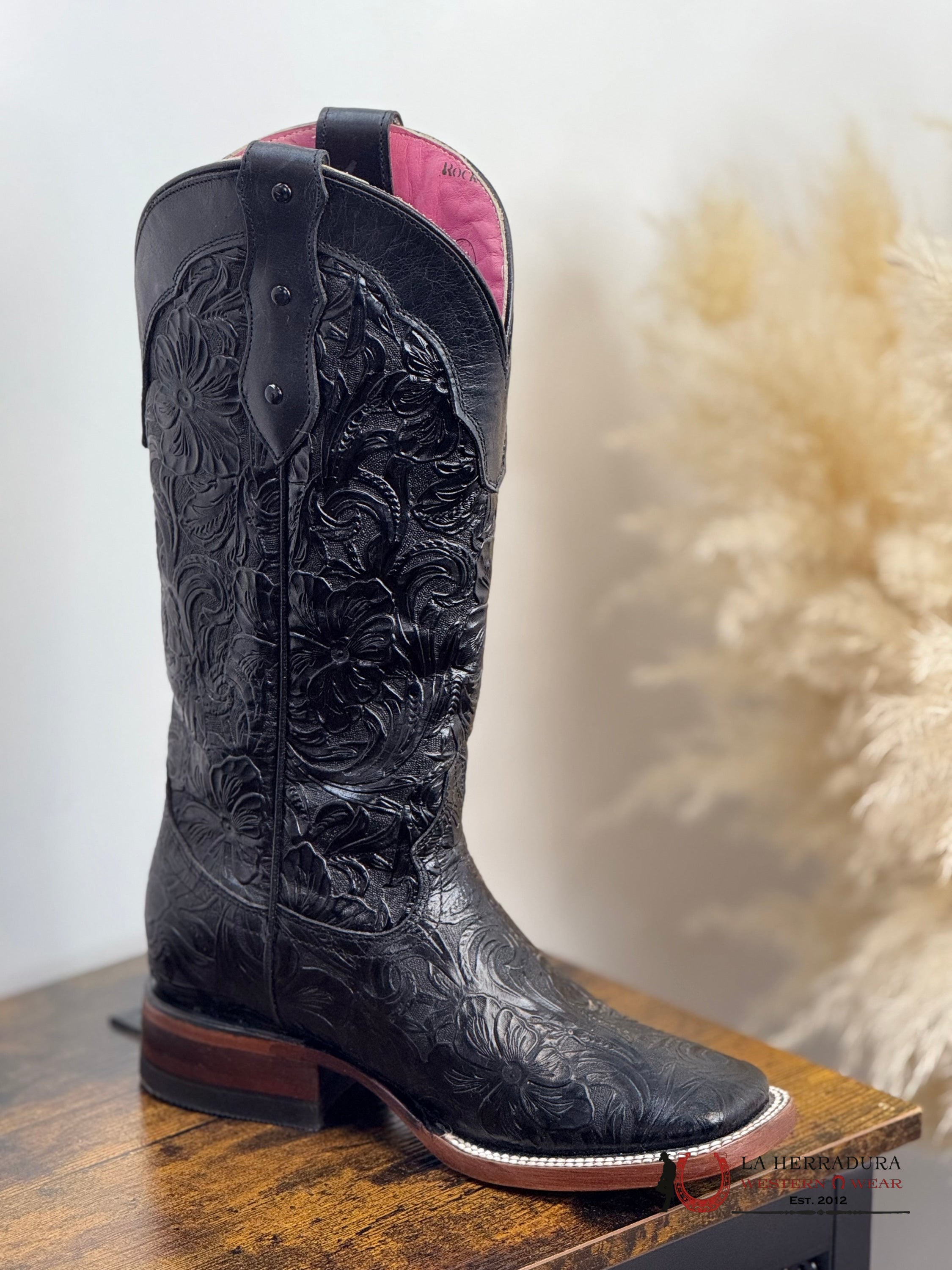 ROCKEM MILA FLOR DE LUZ HAND TOOLED BLACK BROWN BOTTOM SQUARE TOE PINK TUBE BOTAS MUJERES