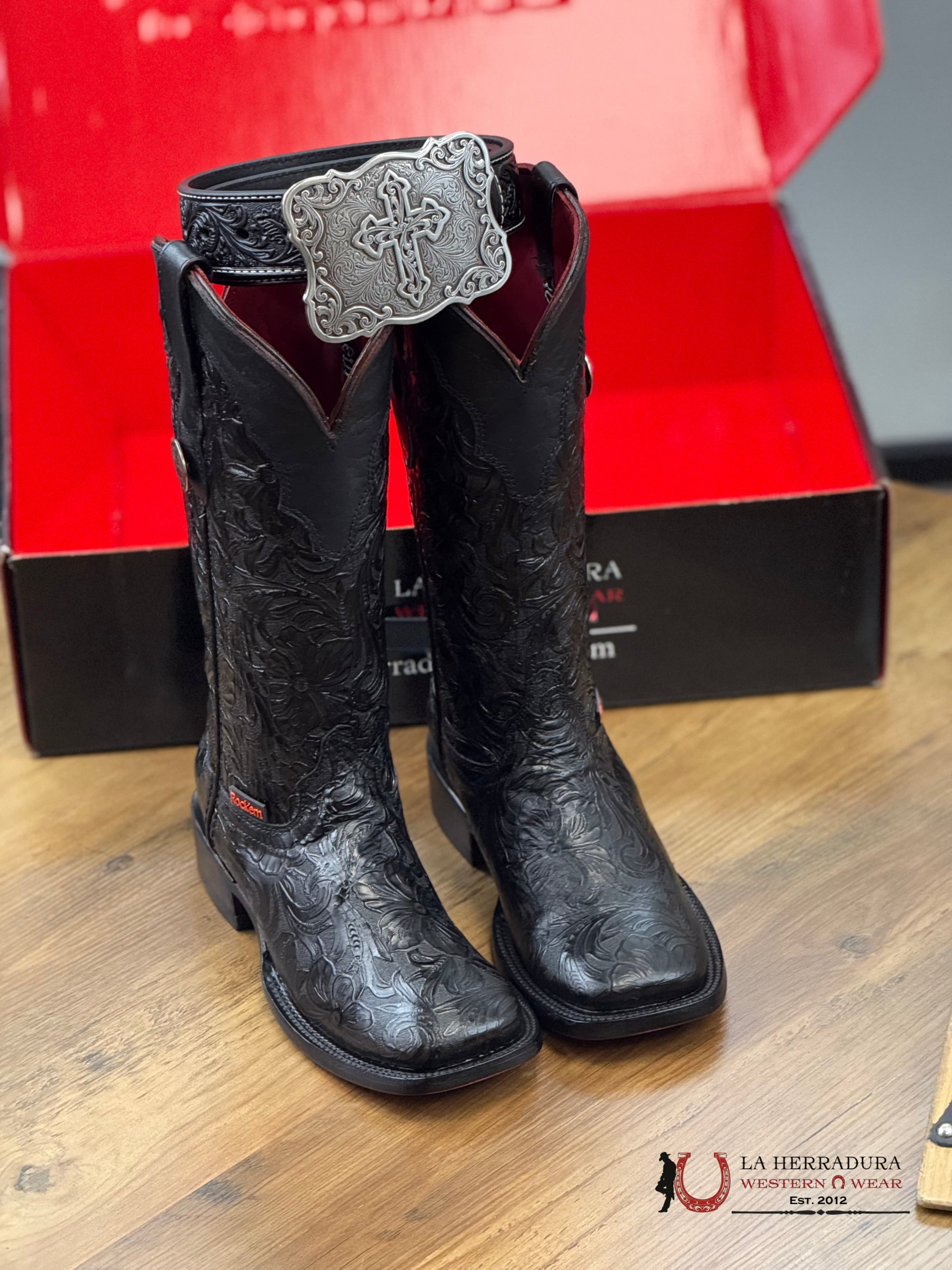 Womens Flor De Luz Hand Tooled Black Red Bottom Square Toe Botas Mujeres