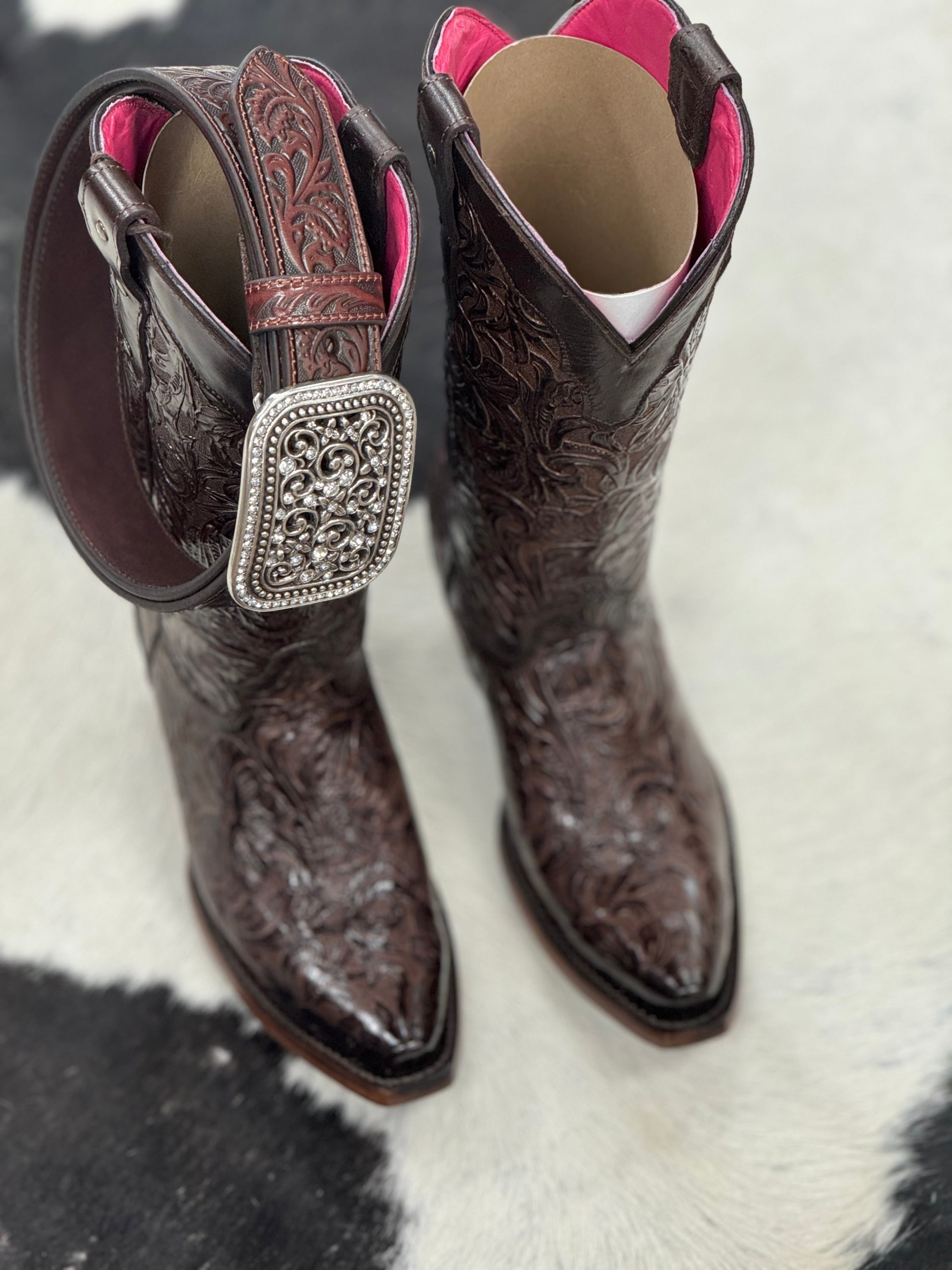 Hand Tooled Flor De Luz Cafe Point Toe Botas Mujeres