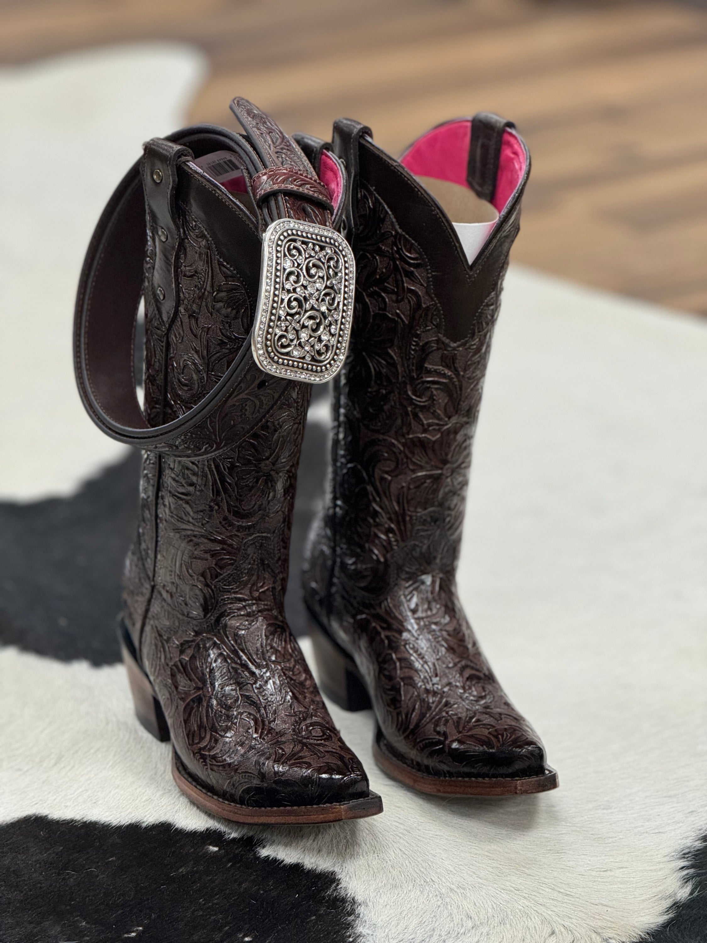 Hand Tooled Flor De Luz Cafe Point Toe Botas Mujeres