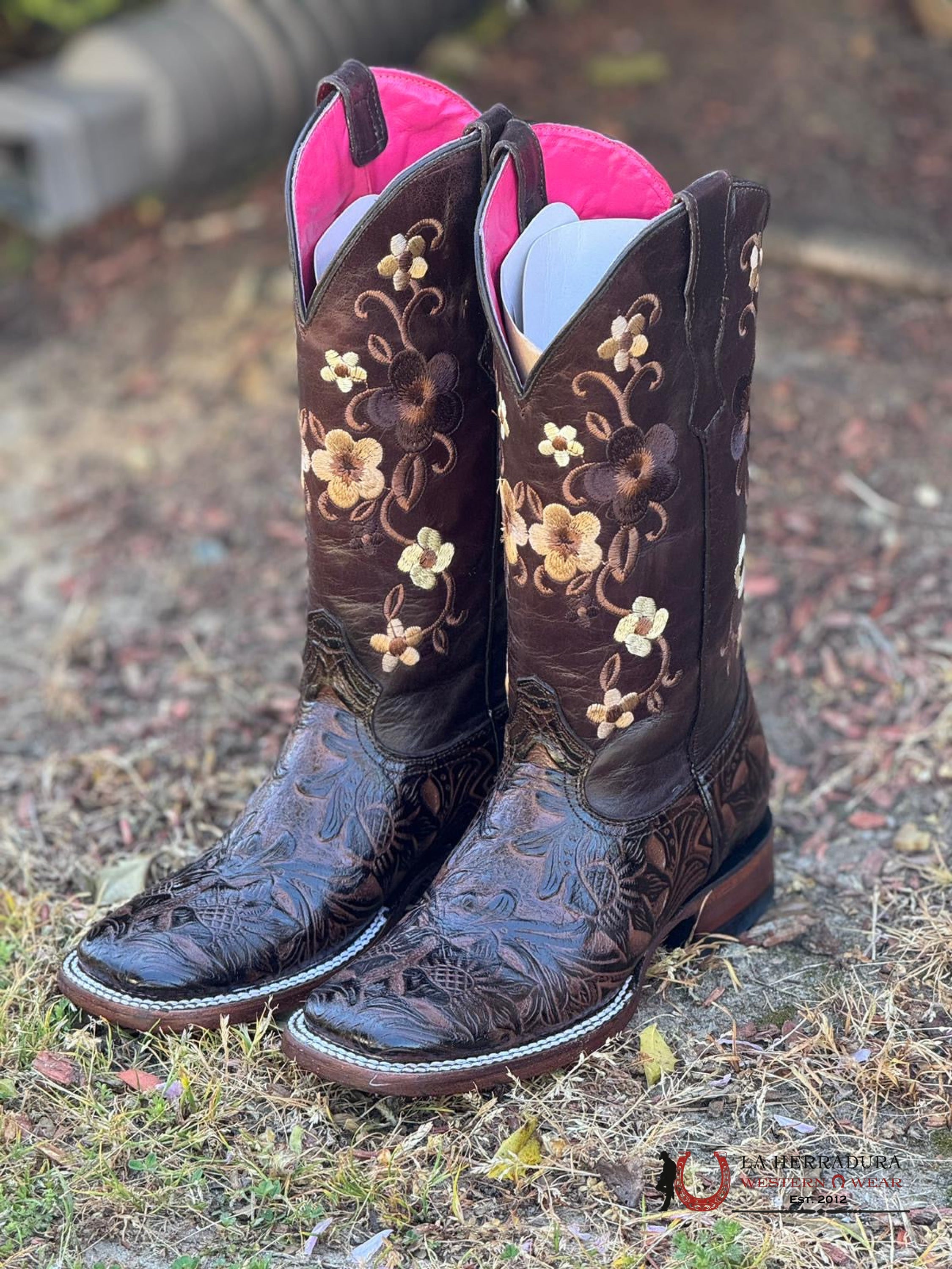 Womens Parais Hand Tooled Cedona Brown Square Toe Botas Mujeres