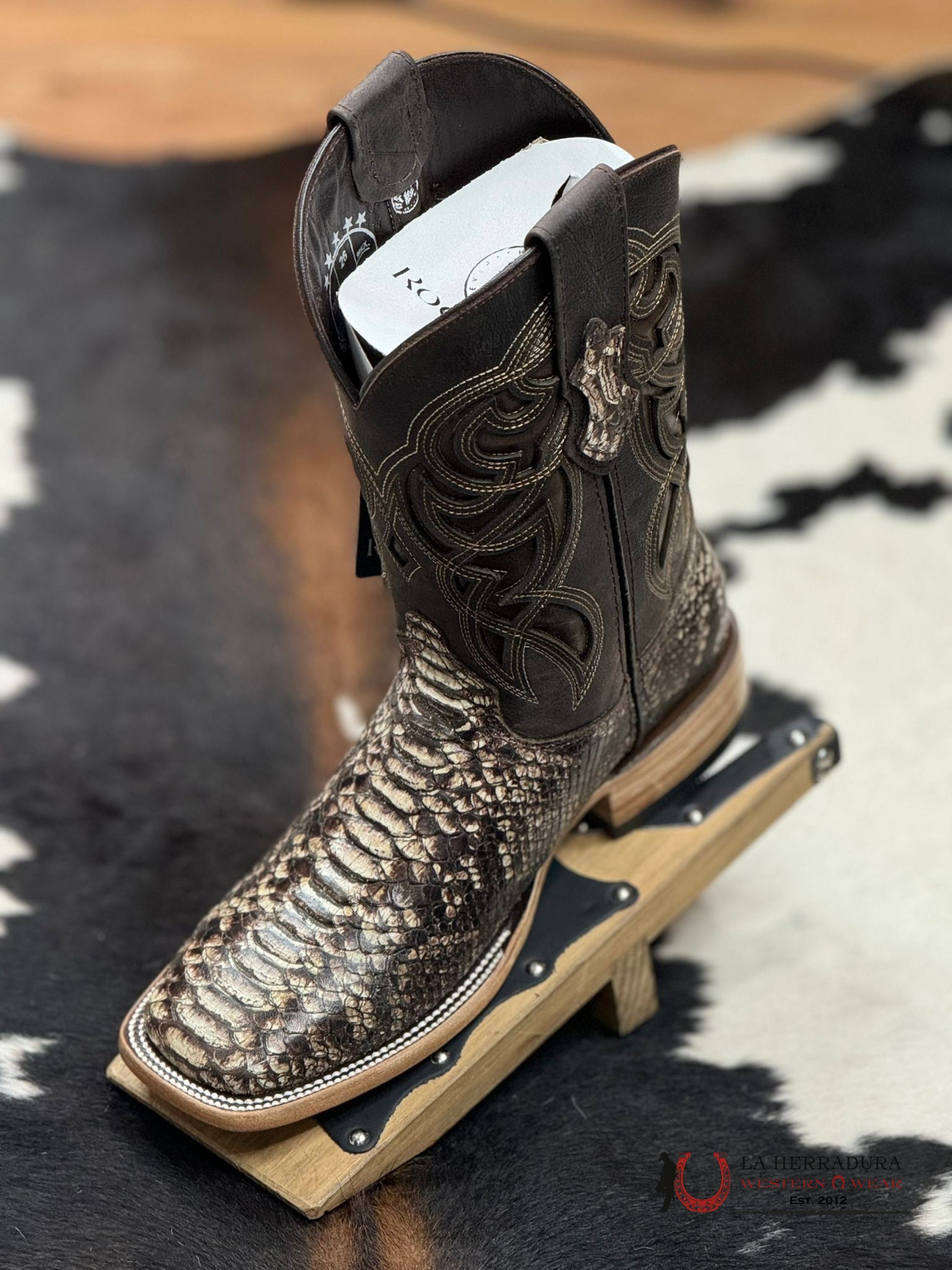 Mens Imit Python Choco Acabado Original Boot Botas Hombres