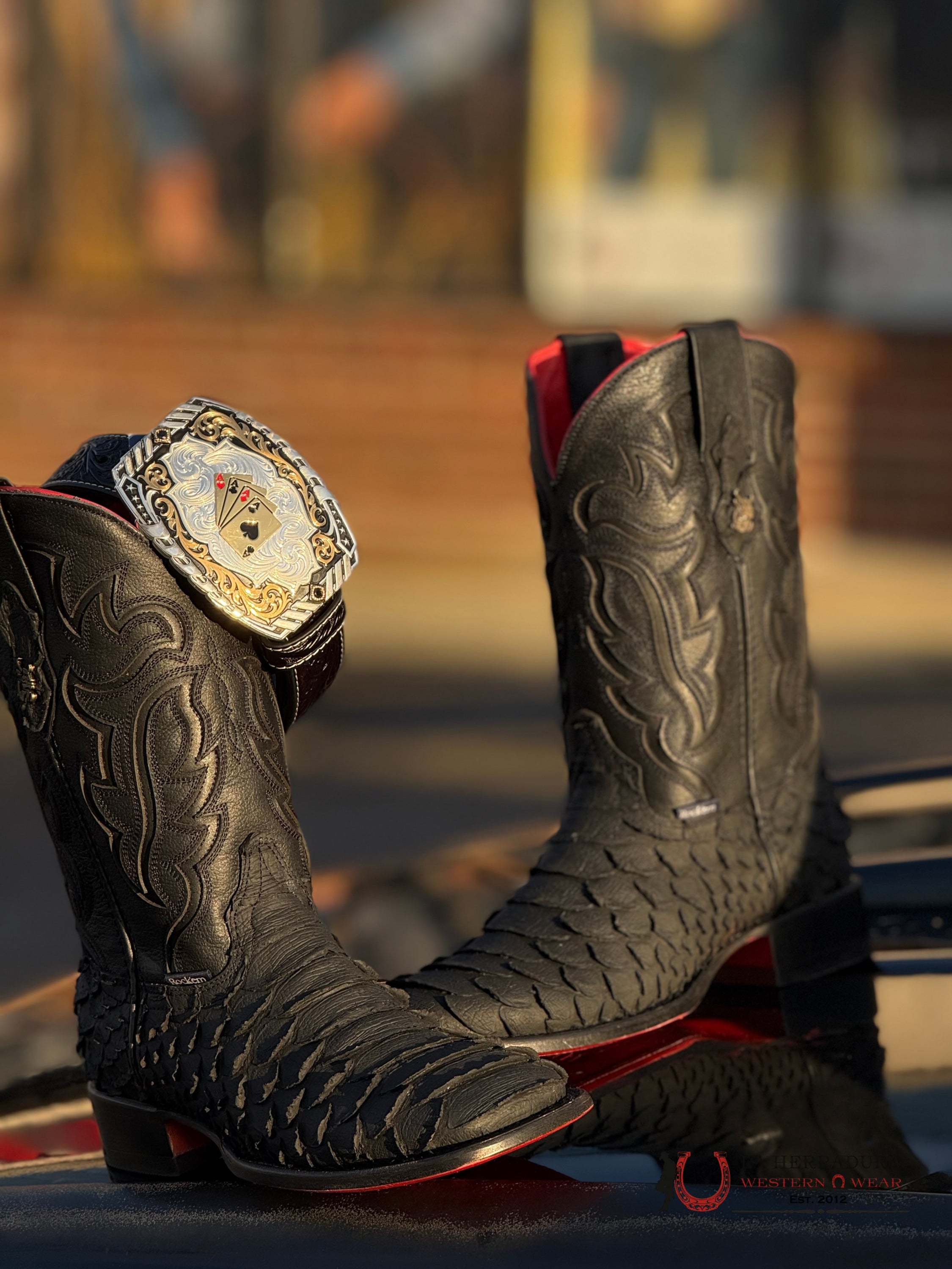 ROCKEM RED BOTTOM PYTHON CLON MEGA BLACK MATTE RED BOTTOM SQ. TOE BOOT