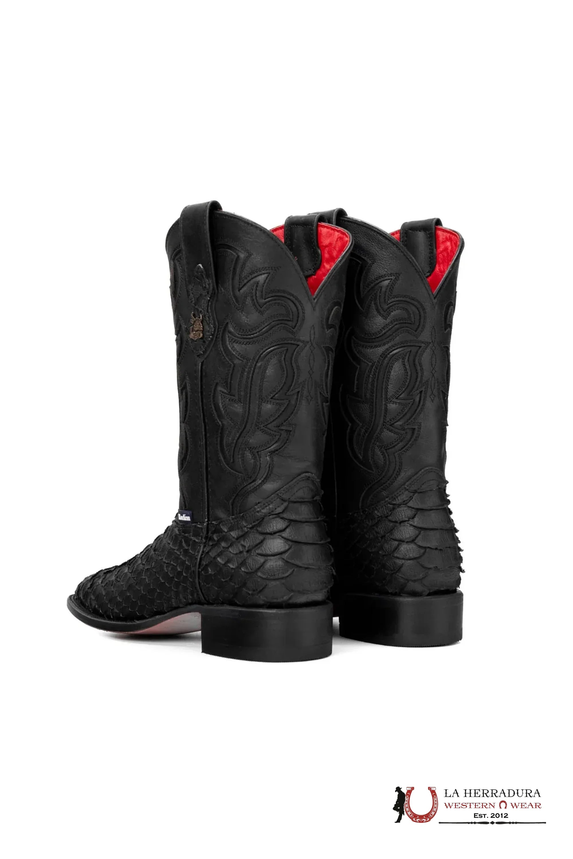 ROCKEM EST. PYTHON MEGA BLACK MATTE RED BOTTOM SQ. TOE BOOT BOTAS HOMBRES