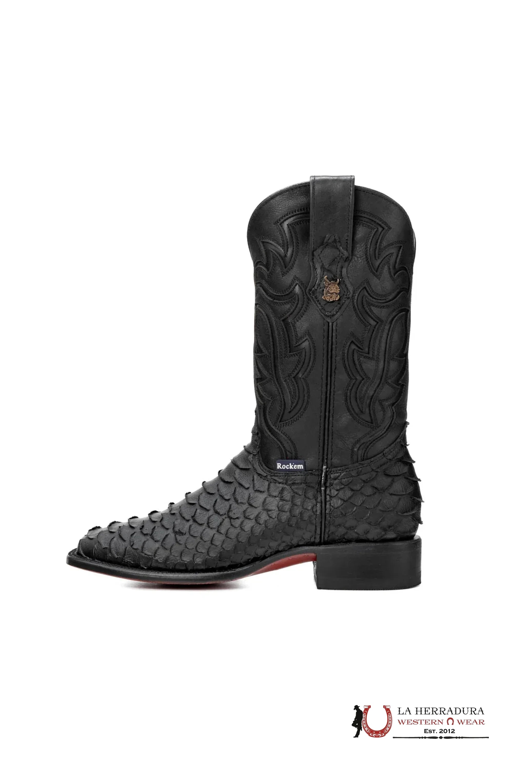 ROCKEM EST. PYTHON MEGA BLACK MATTE RED BOTTOM SQ. TOE BOOT BOTAS HOMBRES