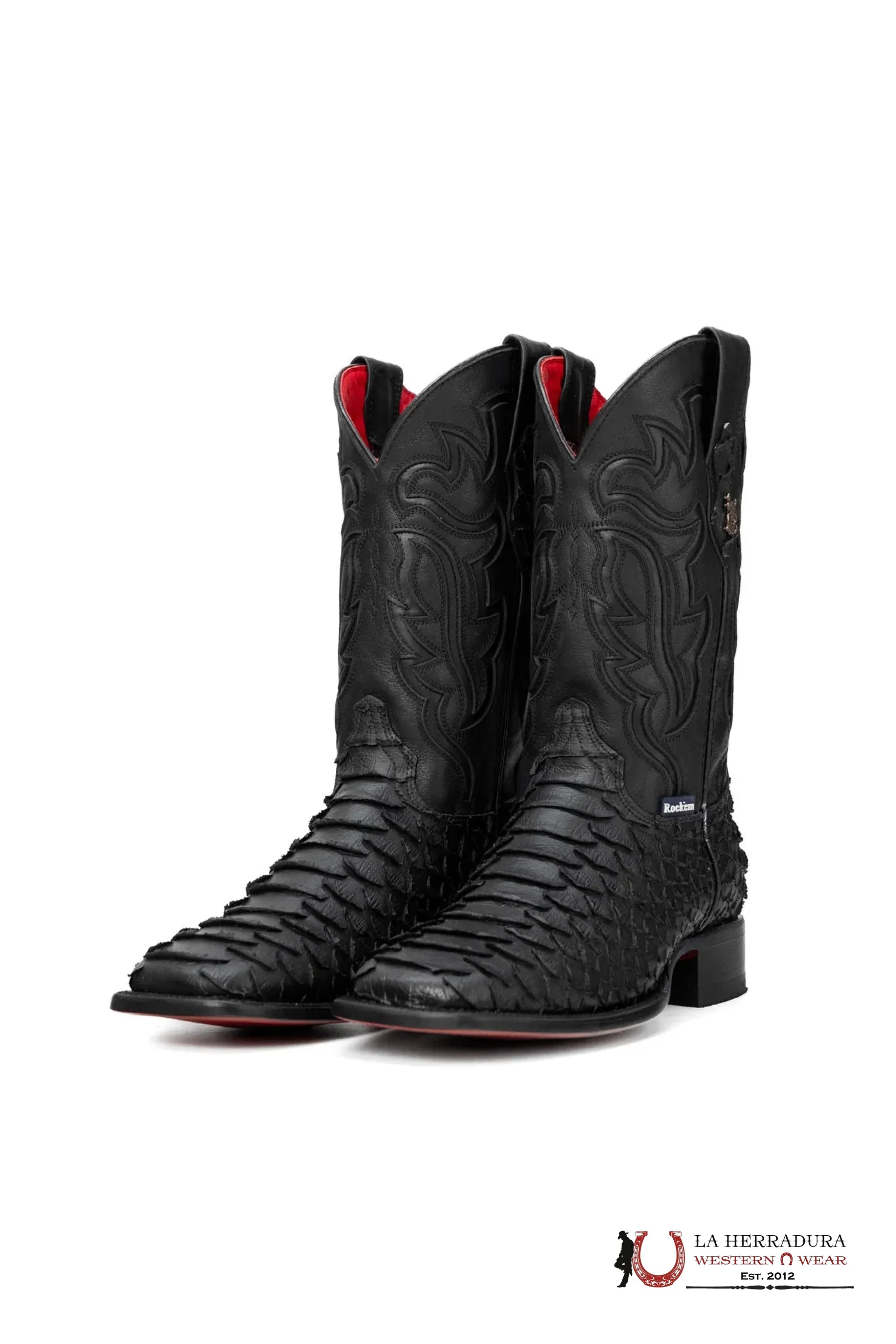 ROCKEM EST. PYTHON MEGA BLACK MATTE RED BOTTOM SQ. TOE BOOT BOTAS HOMBRES