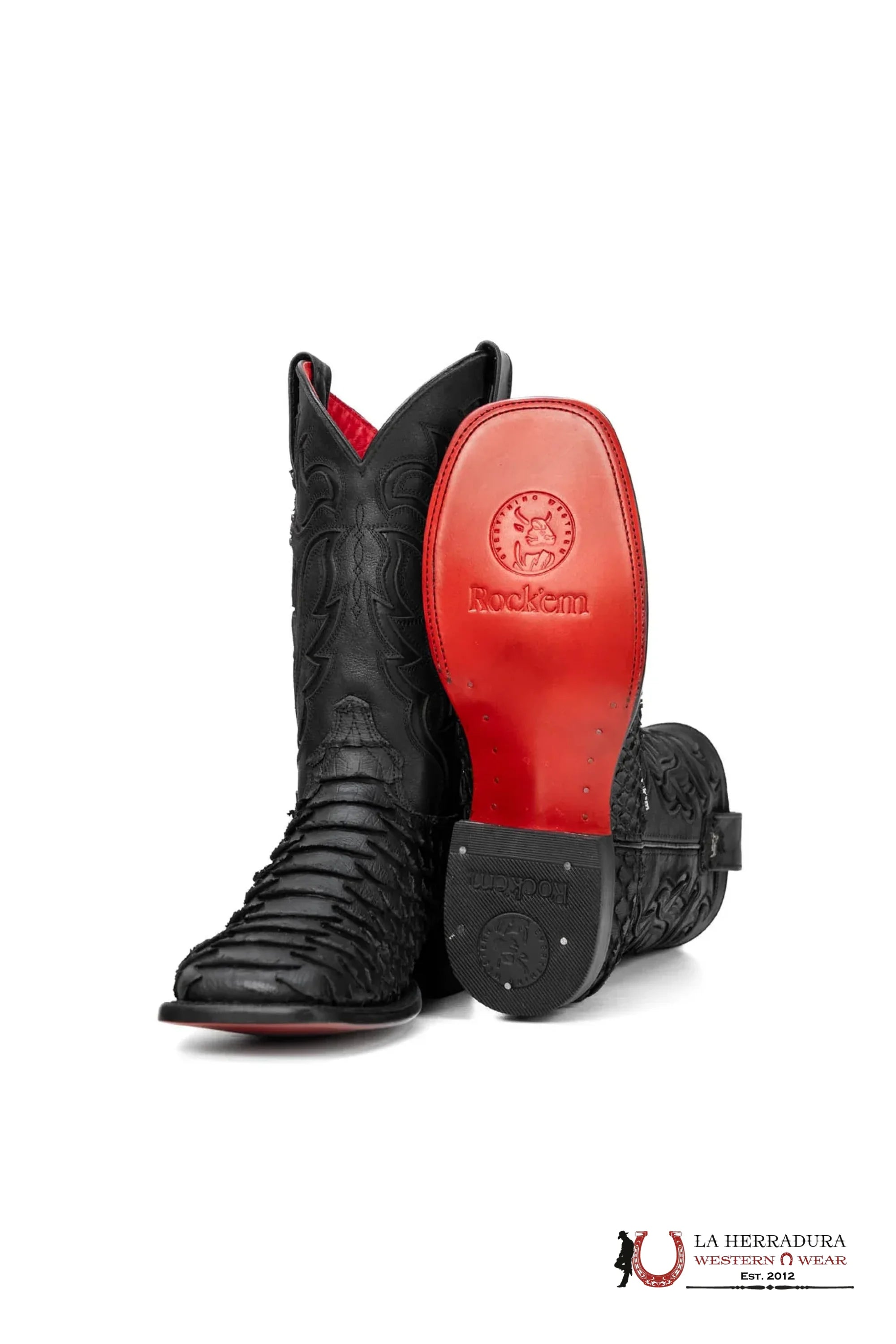 ROCKEM EST. PYTHON MEGA BLACK MATTE RED BOTTOM SQ. TOE BOOT BOTAS HOMBRES