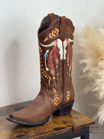 ROCKEM PARA MUJER BOTÍN VAQUERO CAÑA ALTA DE CALAVERA MARRÓN OSCURO CON PUNTA EN BICO