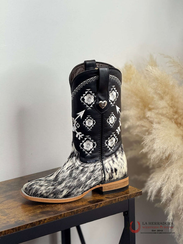 ROCKEM WOMENS EST. FLORENCIA COWHIDE BLACK/WHITE AZTECA  FLOWER TUBE AND HEART EMBLEM SQ. TOE BOOT