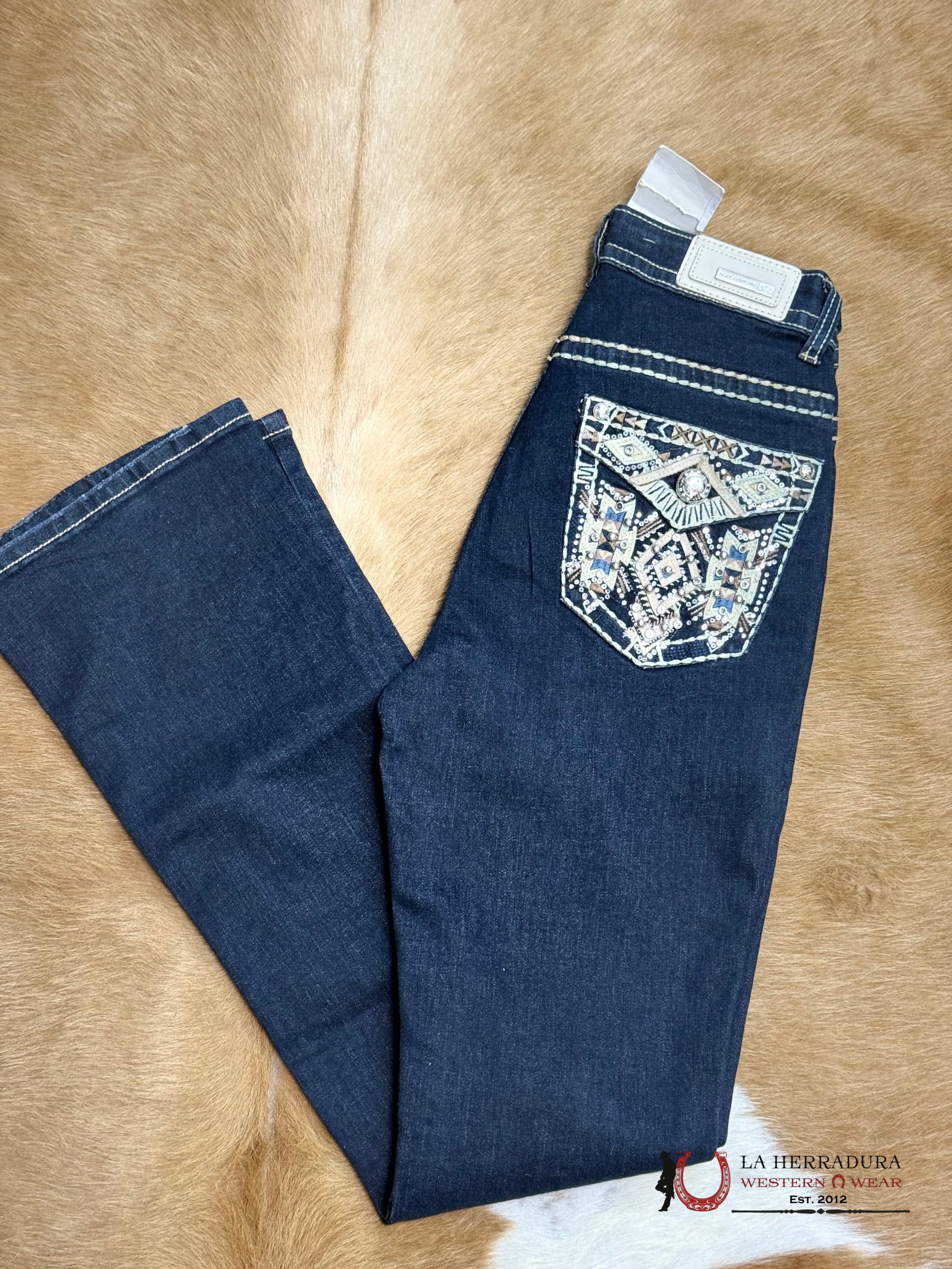 ROSA SEXY COUTURE JEANS BOOT CUT DARK BLUE TAN & BROWN STITCHING DIMOND EMBROIDERY RHINESTONE S1216-PB33 ROPA MUJERES