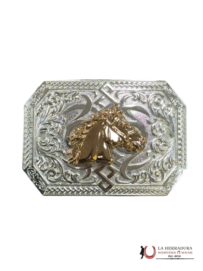 HEBILLA CUADRADA CON DISEÑO TRIBAL DE CABALLO ORO ROSA