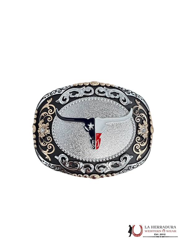 HEBILLA REDONDA ROSE GOLD Y PLATA CON CABEZA DE TORO DE TEXAS