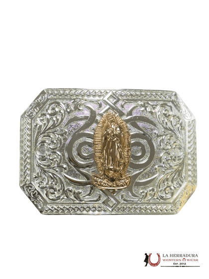 HEBILLA CUADRADA CON DISEÑO TRIBAL DE LA VIRGEN DE GUADALUPE EN ORO ROSA