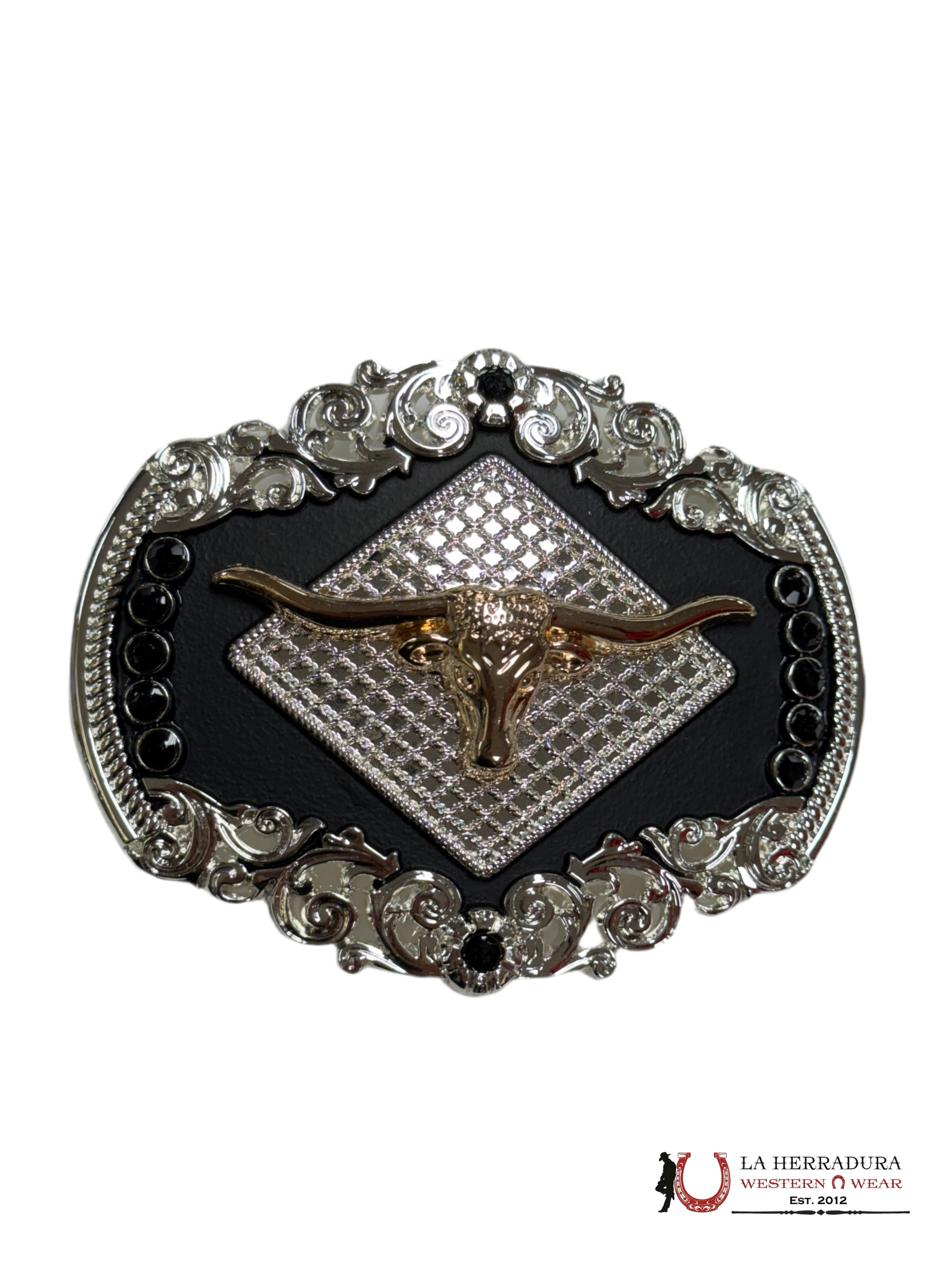 ROUND BUCKLE LONG HORN BLACK RANCHER ACCESORIOS