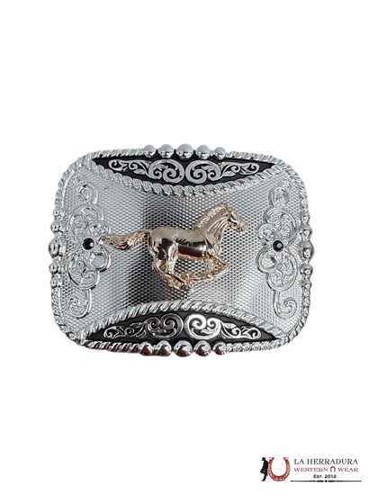 ROUND SILVER & BLACK WITH GOLD HORSE BUCKLE 11