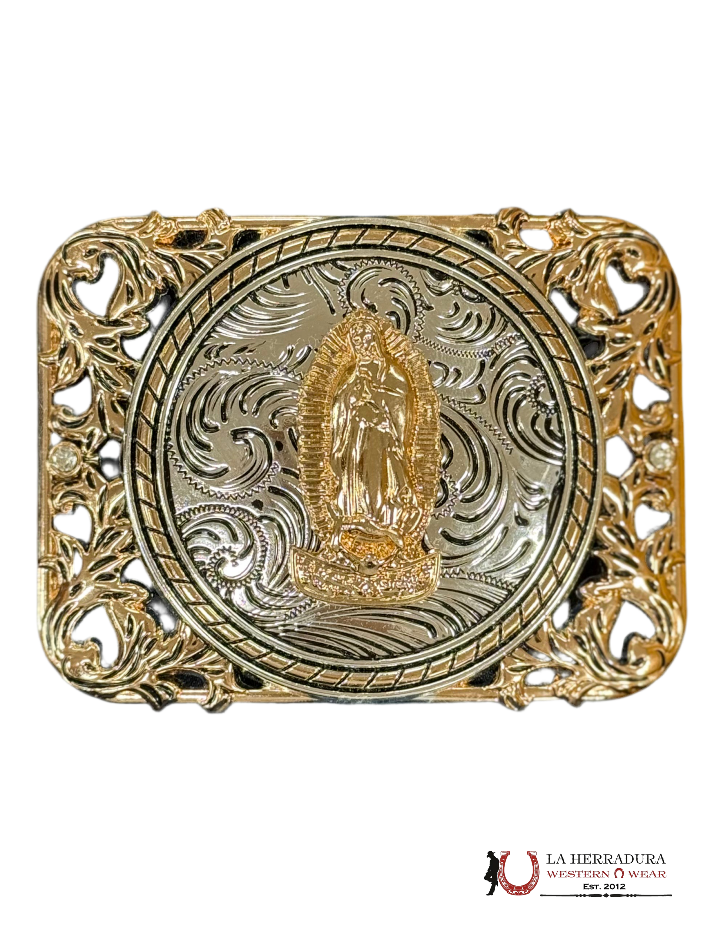 ROUND SILVER DETAIL VIRGEN DE GUADALUPE SQUARE BUCKLE ACCESORIOS