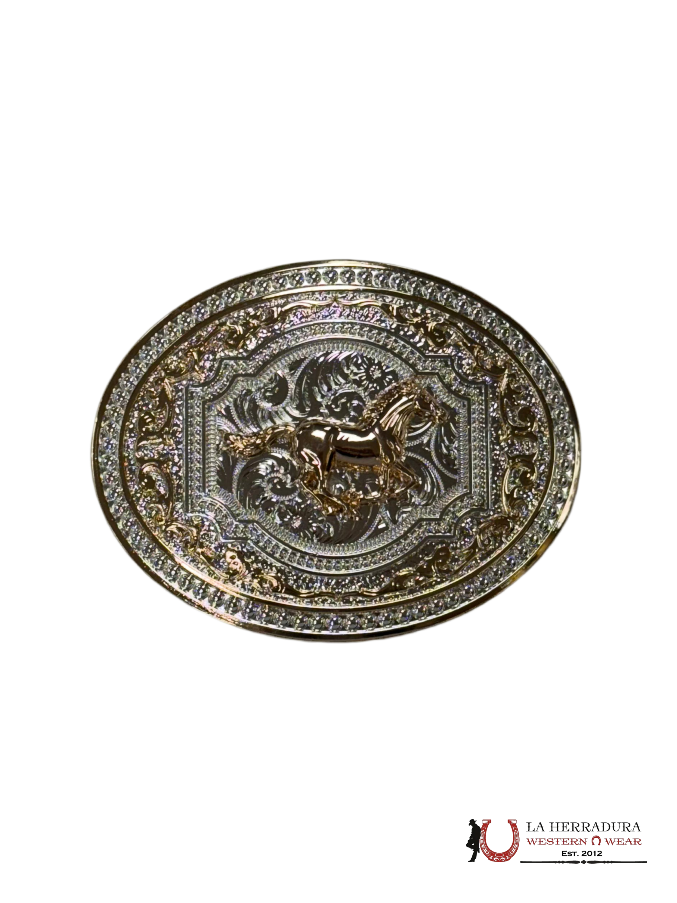 RUNNING HORSE GOLD AND SILVER ROUND BUCKLE ACCESORIOS
