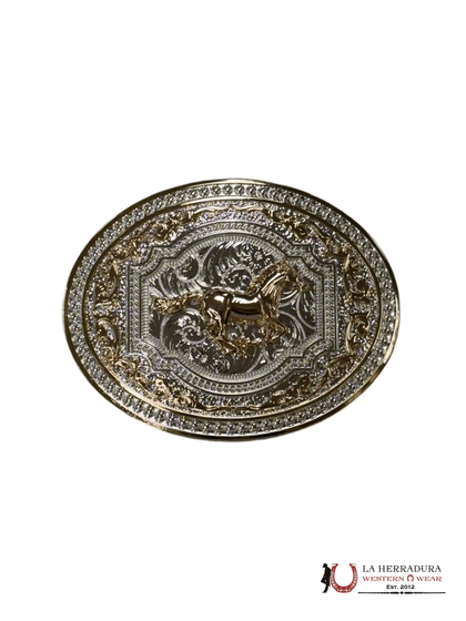 RUNNING HORSE GOLD AND SILVER ROUND BUCKLE