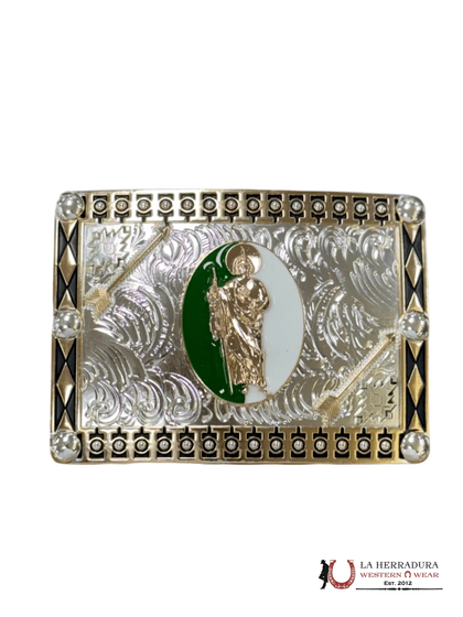 SAN JUDAS BLACK AND GOLD SQUARE BUCKLE