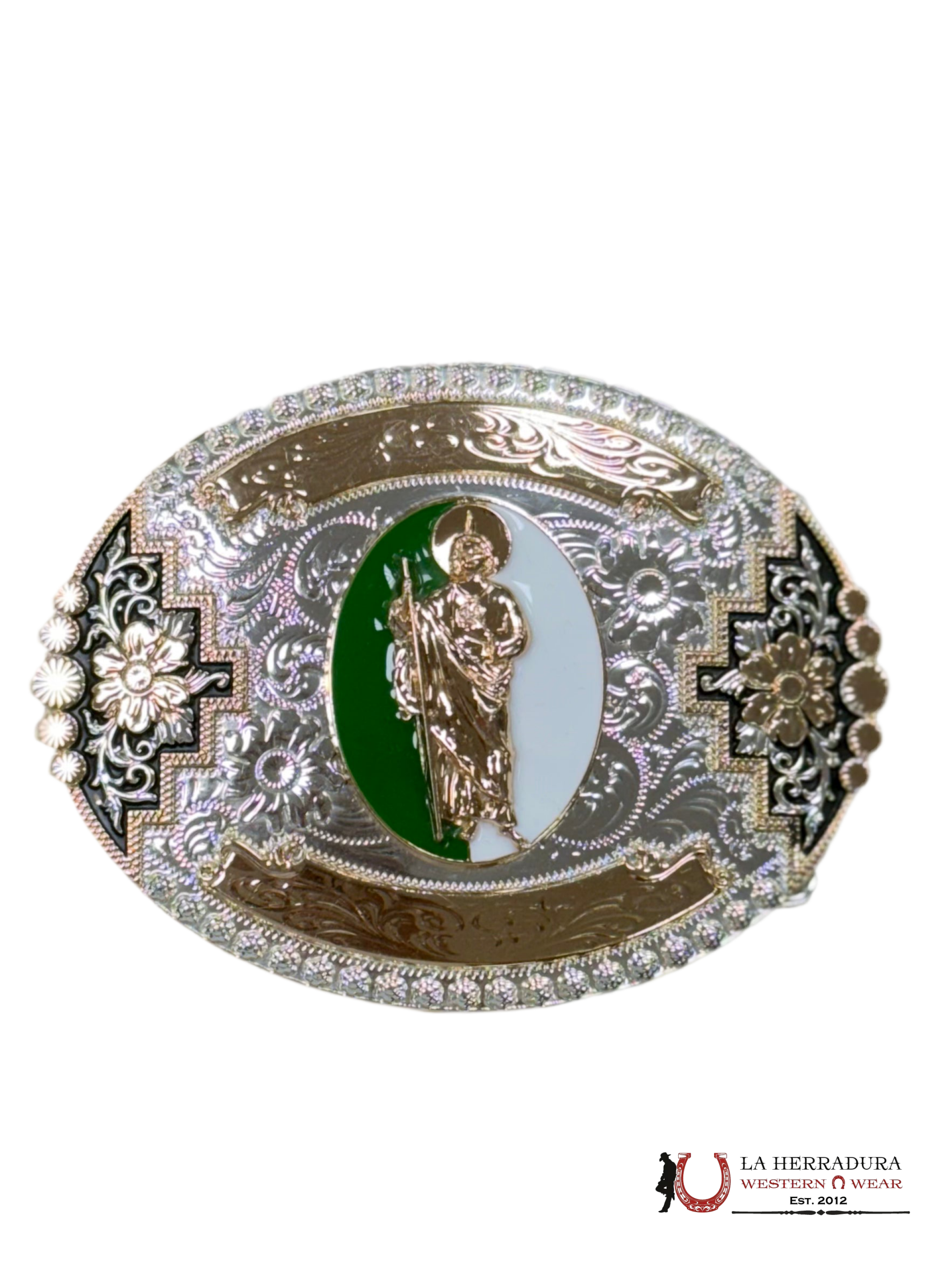 SAN JUDAS FLORAL GOLD AND BLACK ROUND BUCKLE ACCESORIOS