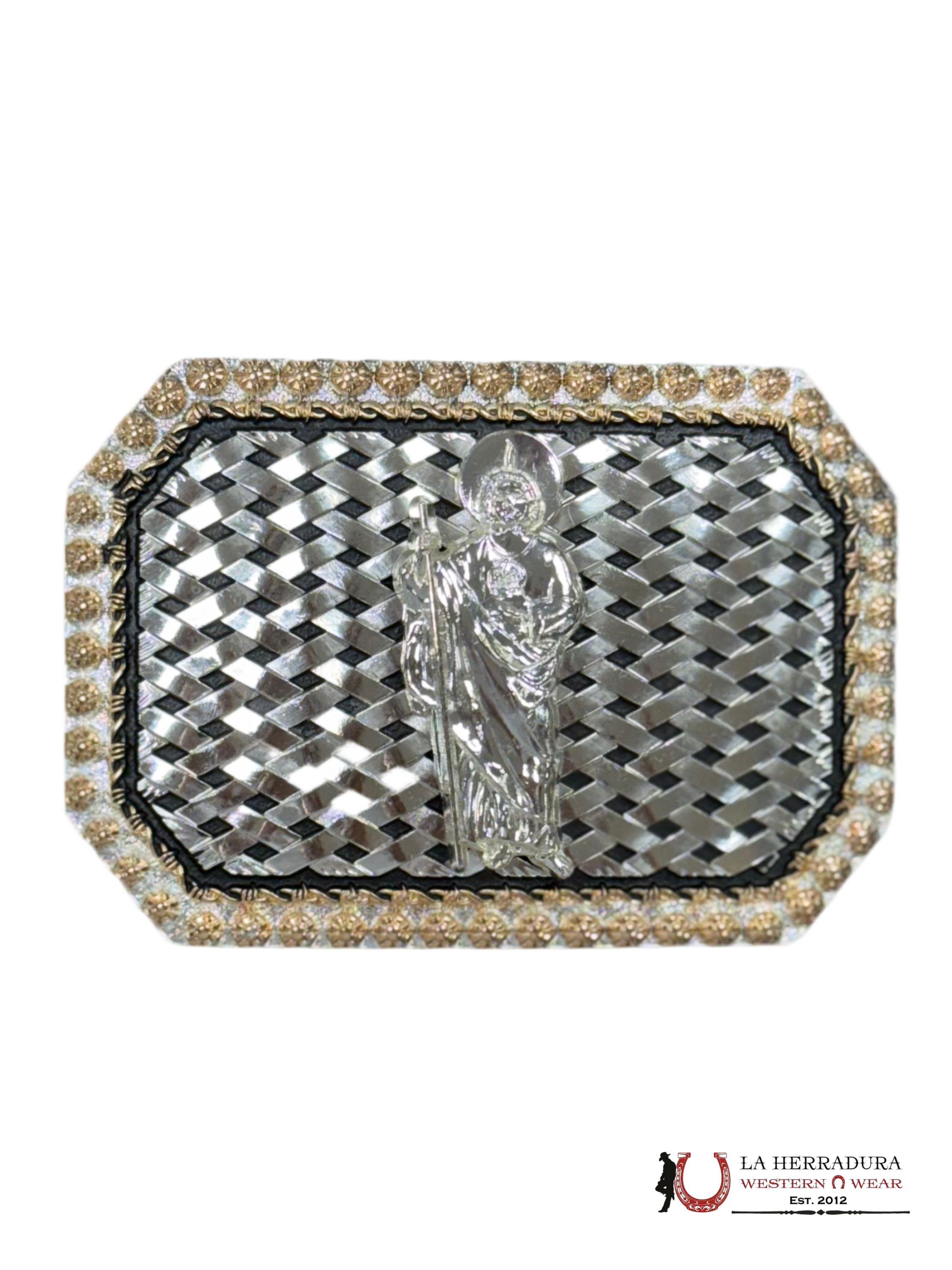 SAN JUDAS SILVER AND GOLD DETAILS SQUARE BUCKLE ACCESORIOS