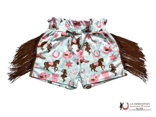 SHEA BABY BLUE/PINK HORSE PRINT FRINGE SHORT TODDLER- P07