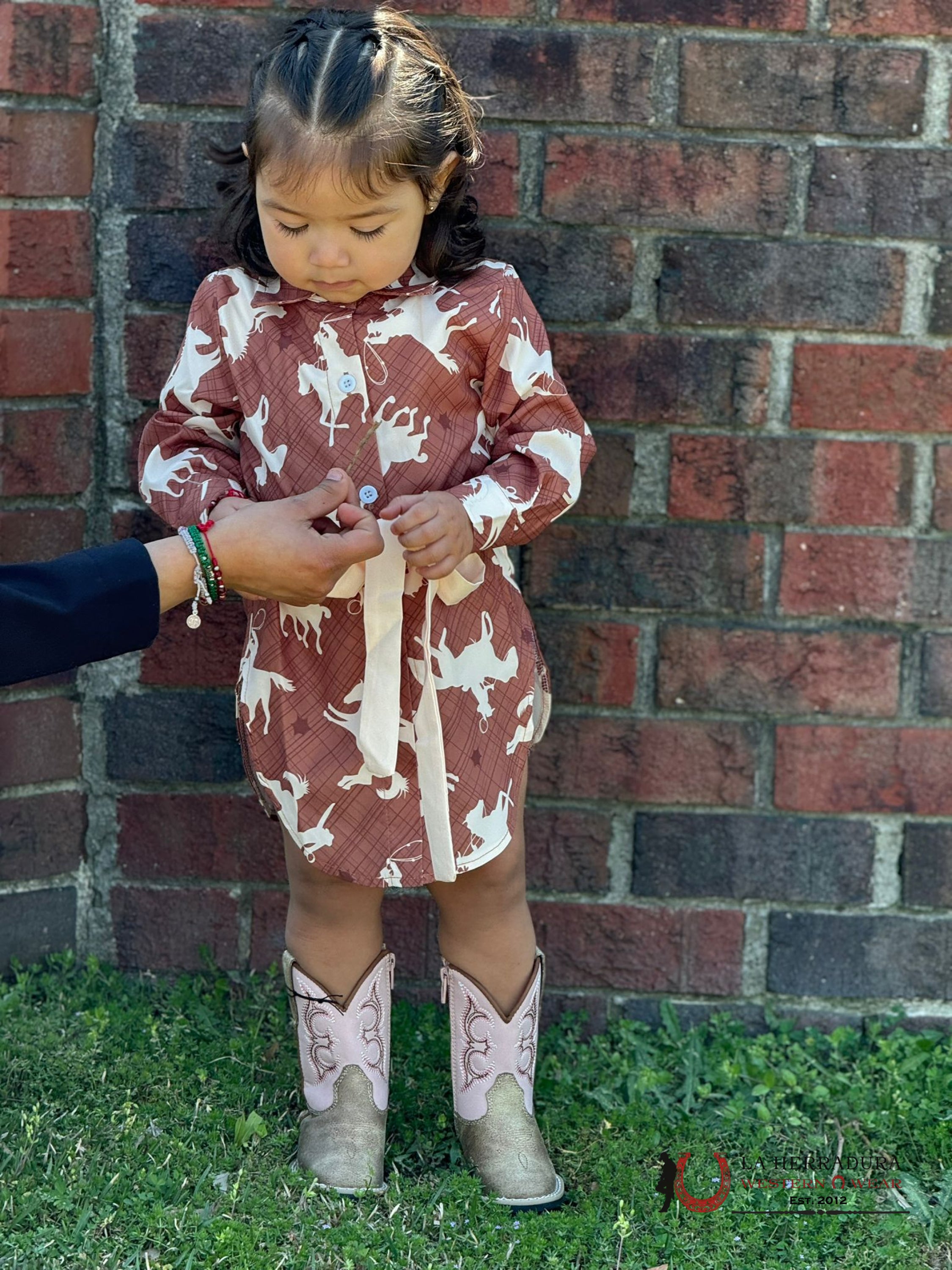 Shea Baby Brown Running Horse Button Up Dress Niños