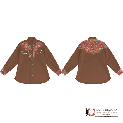 Camisa vaquera marrón vintage con broches de perla para niña Shea, talla para bebé GWEST10