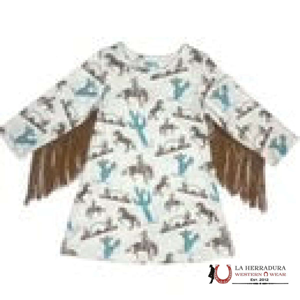 Shea Baby White With Western Print Long Sleeve Dress SDRF27
