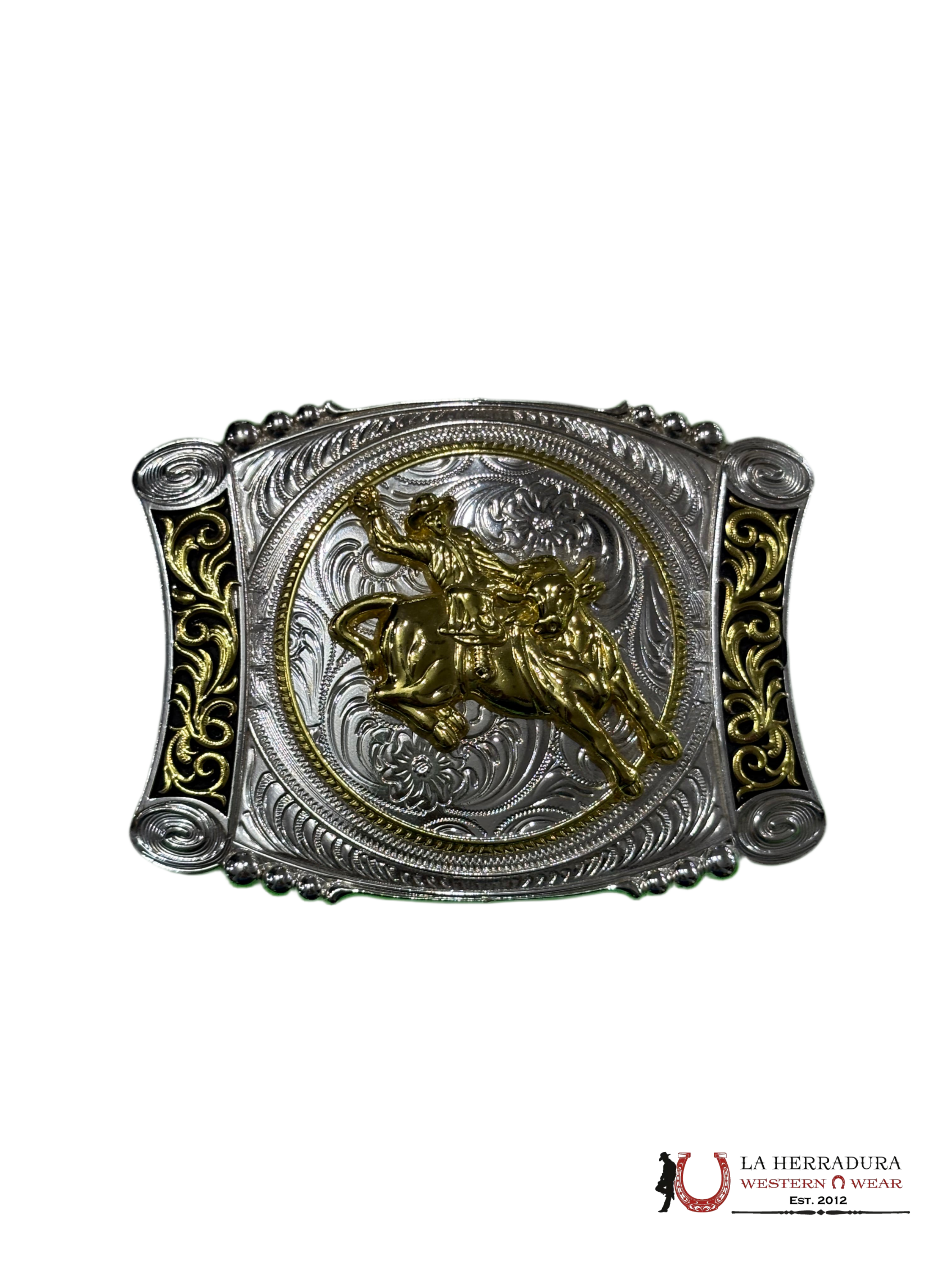 SILVE AND GOLD RIDING BULL BUCKLE ACCESORIOS