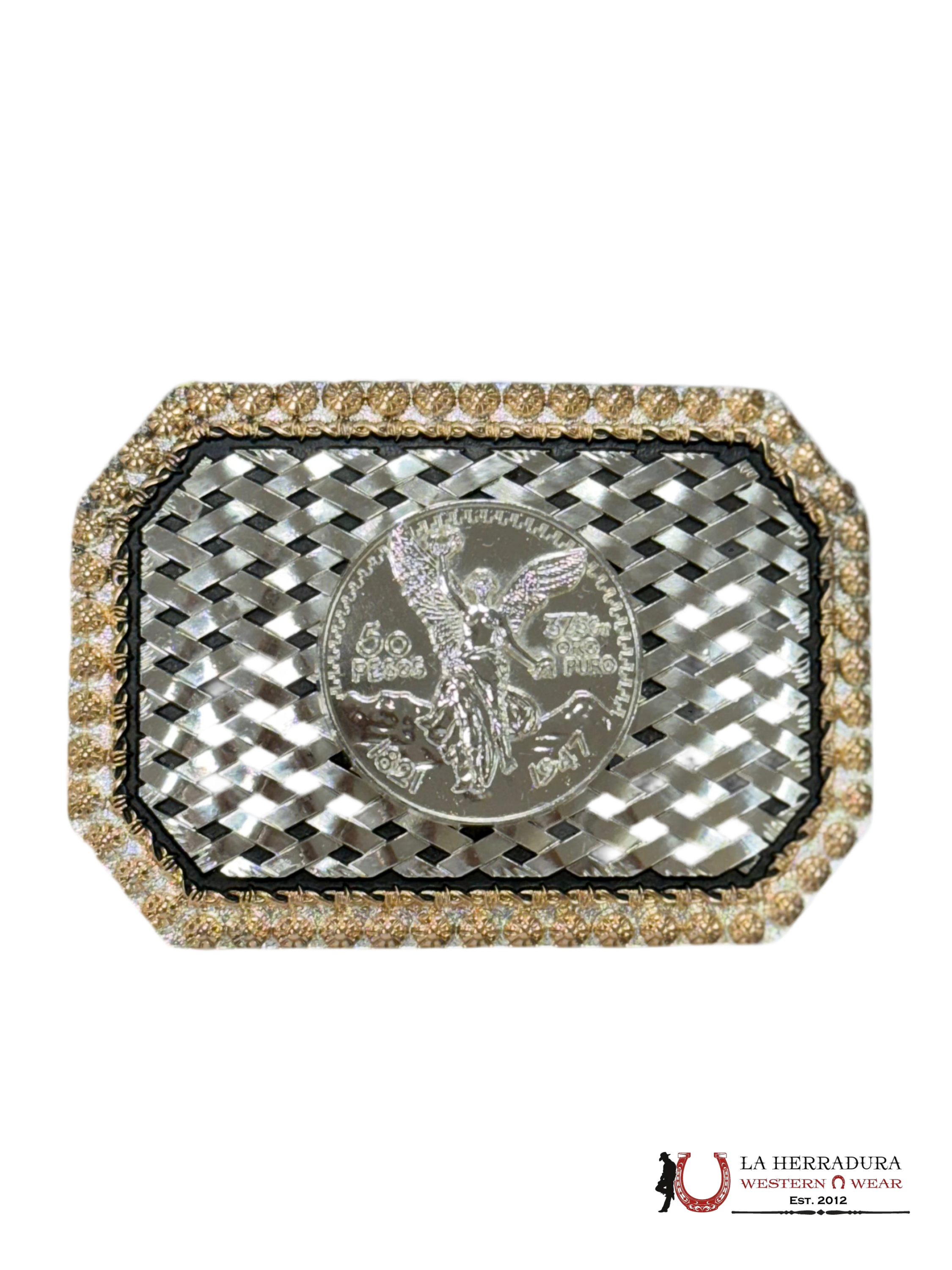 SILVER 50 PESOS GOLD AND BLACK DETAILS SQUARE BUCKLE ACCESORIOS