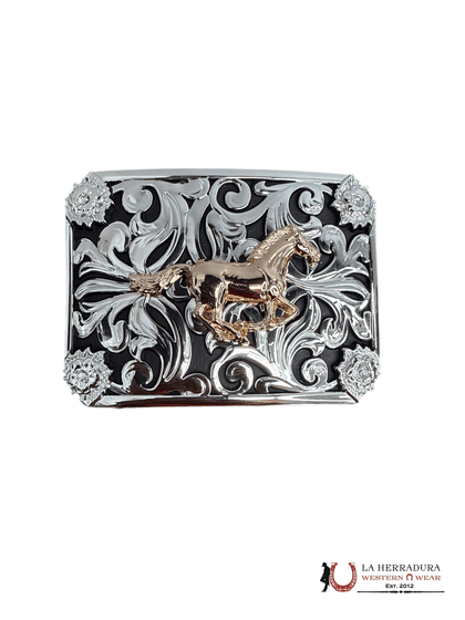 SILVER & BLACK ROSE GOLD HORSE SQUARE BUCKLE