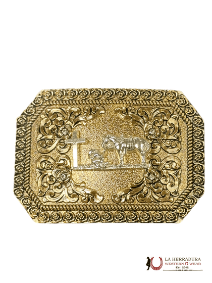 SILVER GINETE FLORAL DESIGN SQUARE BUCKLE