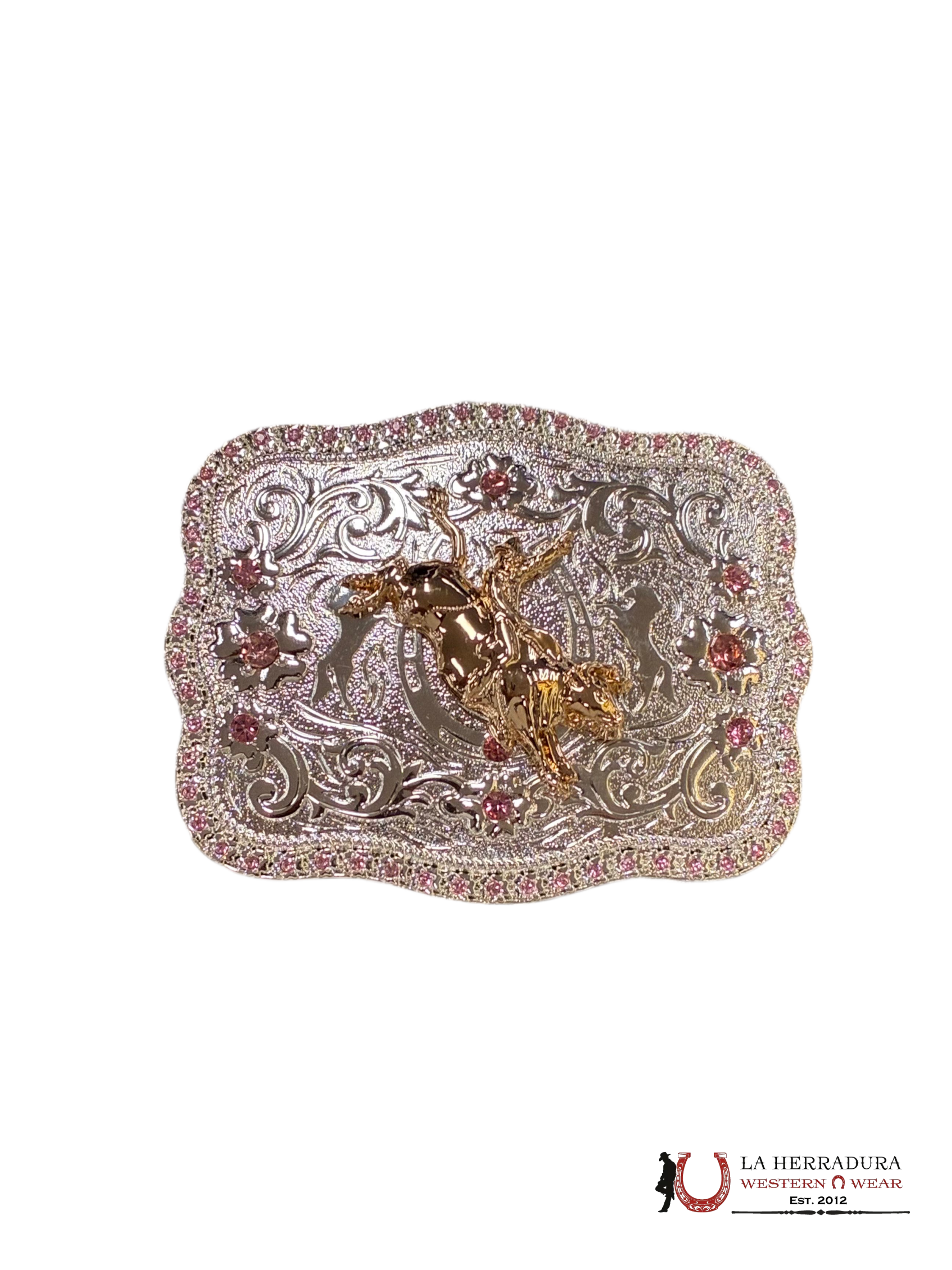 SILVER & GOLD BULL WITH PINK DIAMONDS ROUND CORNER BUCKLE