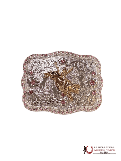 HEBILLA DE ESQUINA REDONDA PLATA Y ORO CON DIAMANTES ROSAS