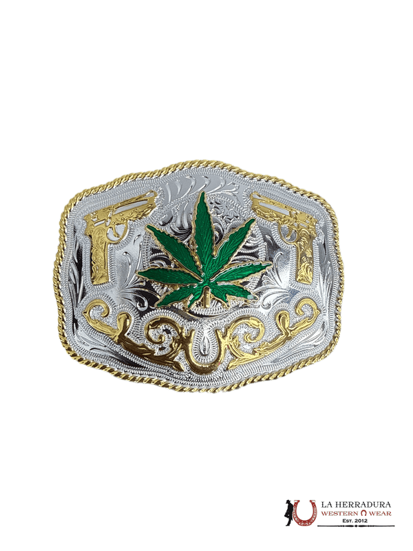 HEBILLA REDONDA DE CANNABIS DE PLATA Y ORO