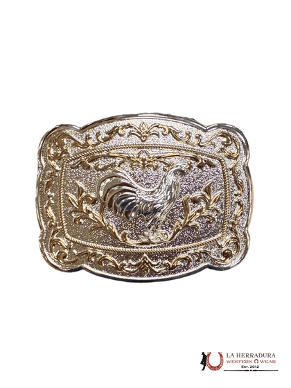 HEBILLA DE ESQUINA REDONDA GALLO DE DISEÑO EN PLATA Y ORO