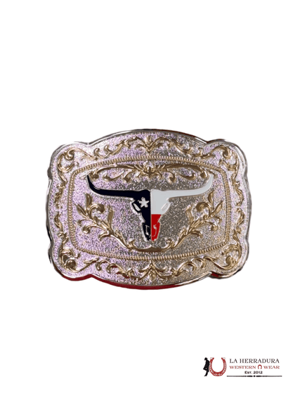 SILVER & GOLD DESIGN TEXAS FLAG  LONG HORN ROUND CORN BUCKLE