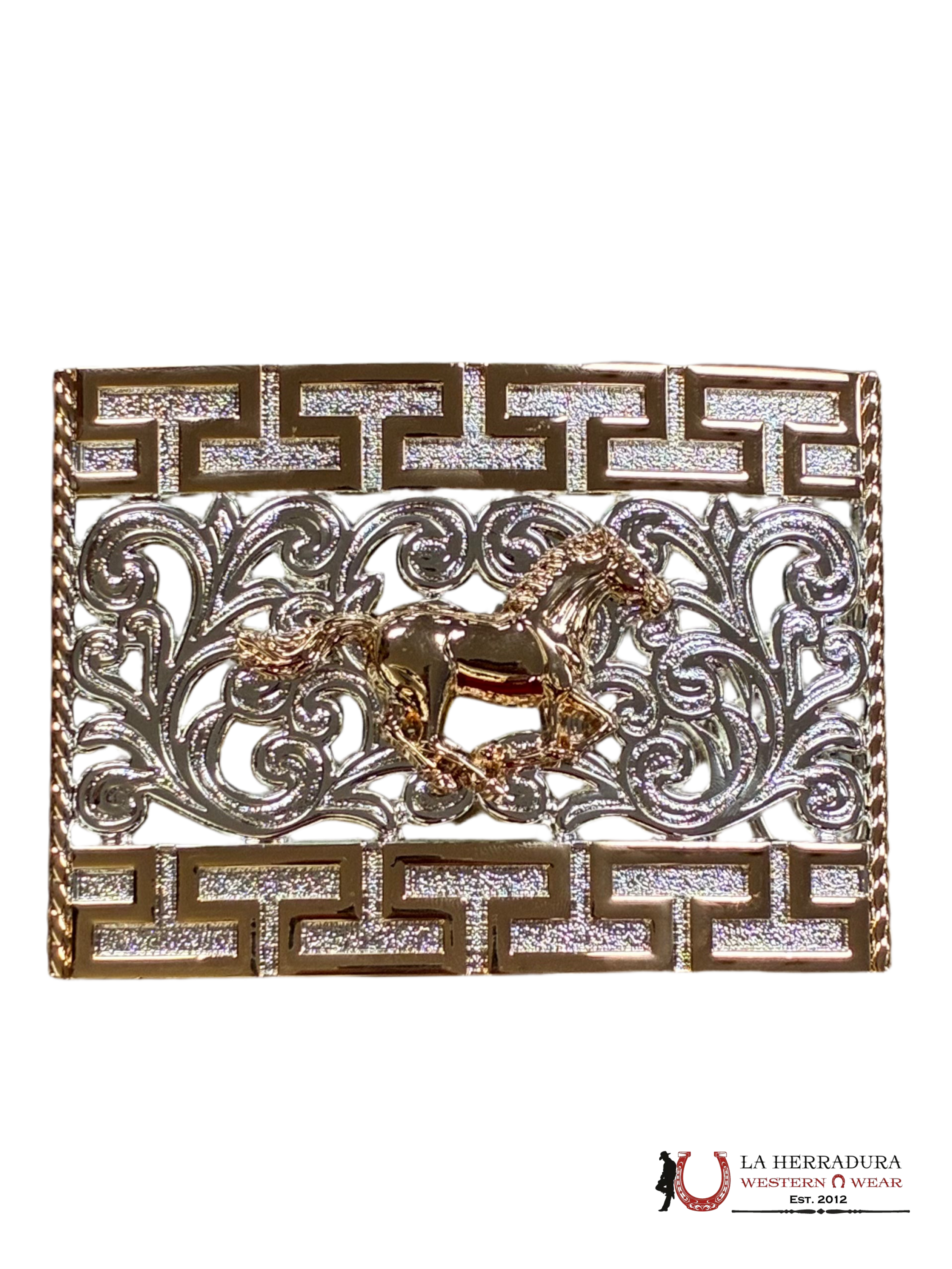 SILVER & GOLD HORSE SQUARE BUCKLE