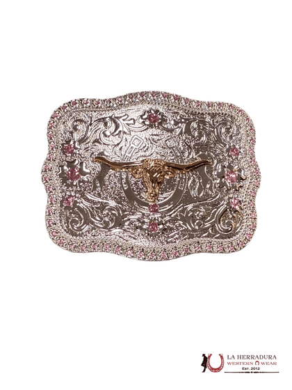HEBILLA DE ESQUINA REDONDA CUERNO LARGO DE PLATA Y ORO CON DIAMANTES ROSAS