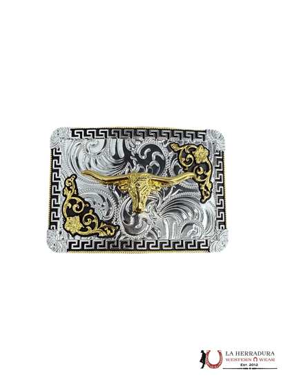 HEBILLA CABEZA DE LONGHORN CUADRADA PLATA Y ORO 6