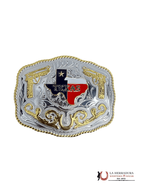 HEBILLA REDONDA DE PLATA Y ORO DEL ESTADO DE TEXAS