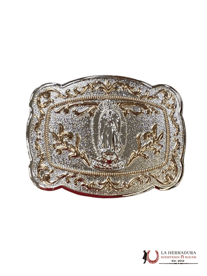 SILVER & GOLD VIRGEN DE GUADALUPE ROUND CORNER BUCKLE