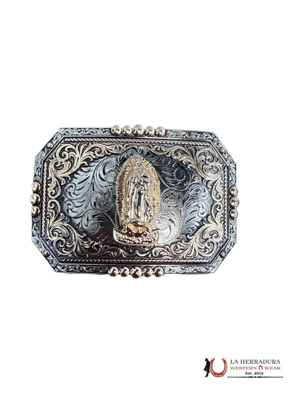 HEBILLA SEMICUADRADA DE PLATA Y ORO DE LA VIRGEN DE GUADALUPE 2